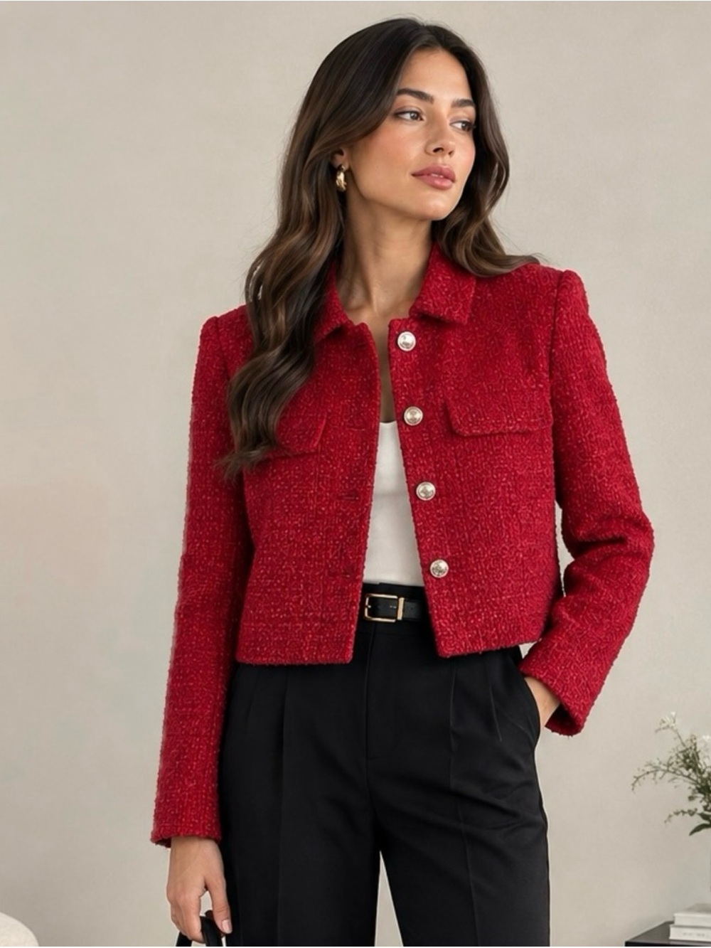 Rachel Zoe Red Boucle Cropped Tweed Jacket